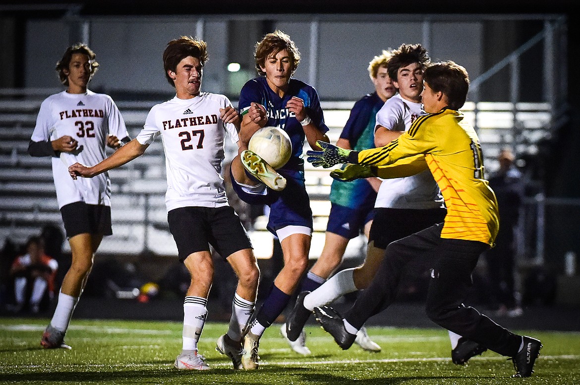 Glacier's Hans Coggins (11) scores a goal in the first half against Flathead at Legends Stadium on Thursday, Sept. 21. (Casey Kreider/Daily Inter Lake)