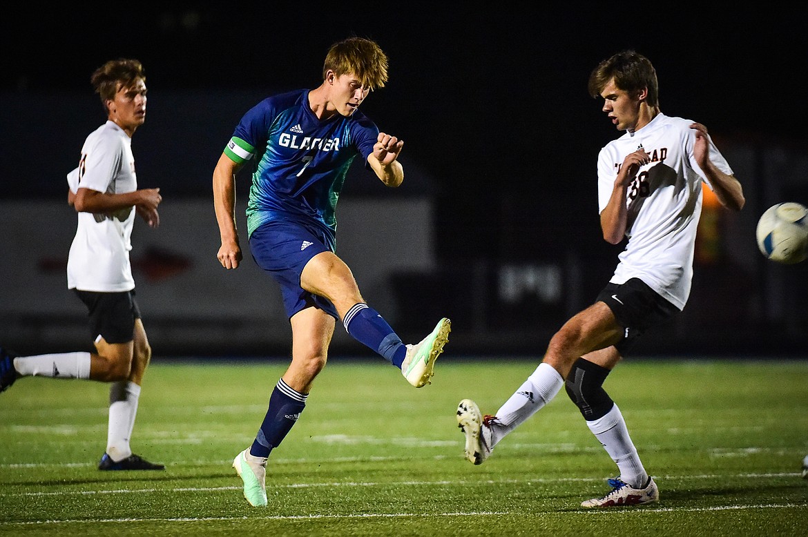 Glacier's Joey Paolini (7) shoots in the first half against Flathead at Legends Stadium on Thursday, Sept. 21. (Casey Kreider/Daily Inter Lake)