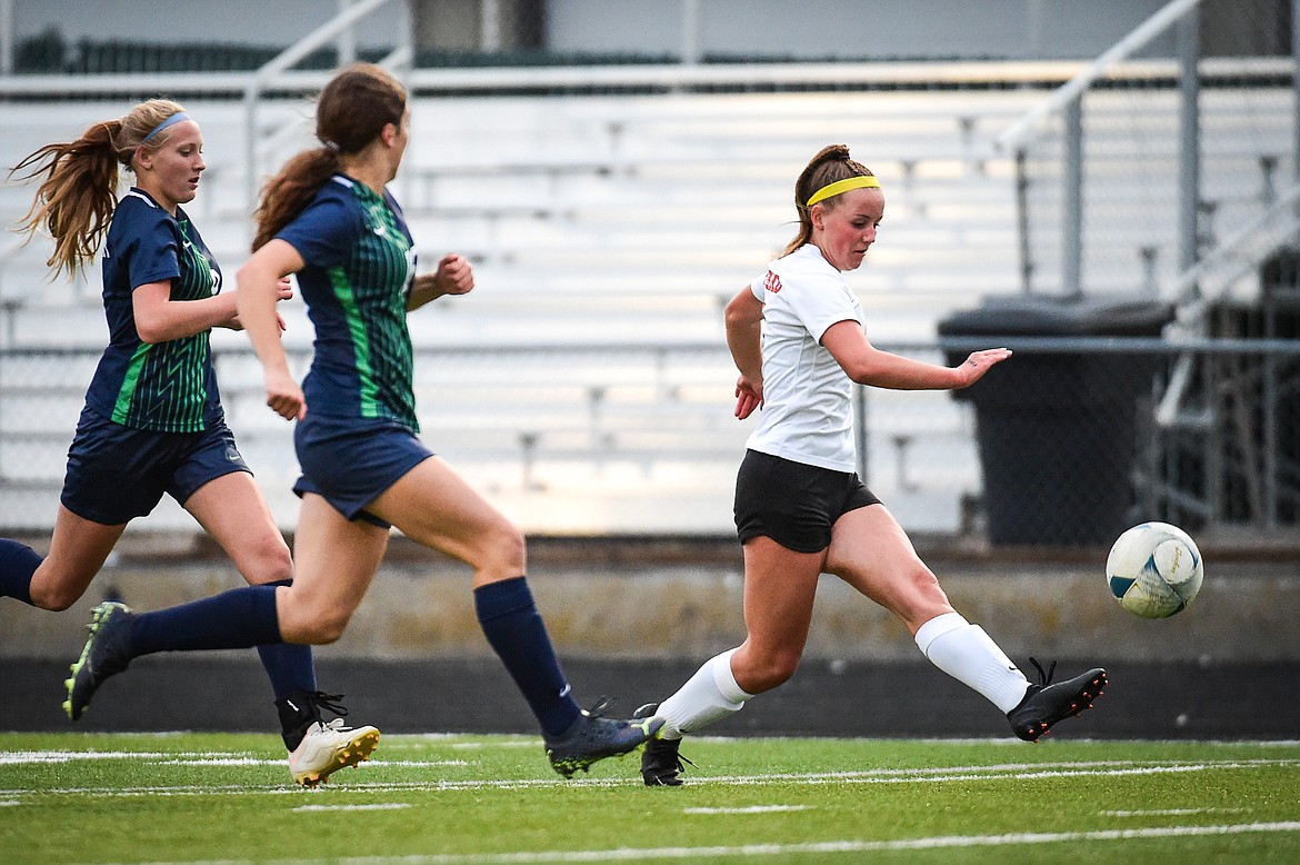 Flathead's Lilli Rumsey Eash scores a goal in the second half against Glacier at Legends Stadium on Thursday, Sept. 21. (Casey Kreider/Daily Inter Lake)