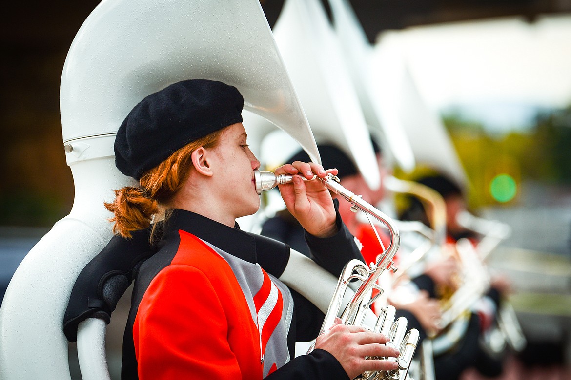 The Flathead High School Marching Band plays during the school's homecoming parade along Main Street on Wednesday, Sept. 20. (Casey Kreider/Daily Inter Lake)