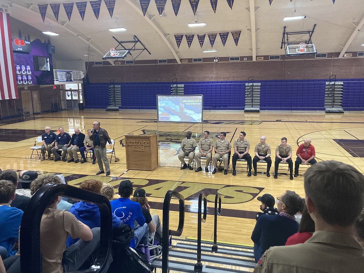 Former Idaho Gov. Dirk Kempthorne addresses students, staff, and community members during a visit to Kellogg High School introducing the crew of the USS Idaho.