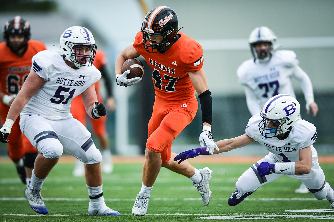 Flathead tight end Braden Capser (47) picks up yardage after a reception in the second quarter against Butte at Legends Stadium on Friday, Sept. 22. (Casey Kreider/Daily Inter Lake)