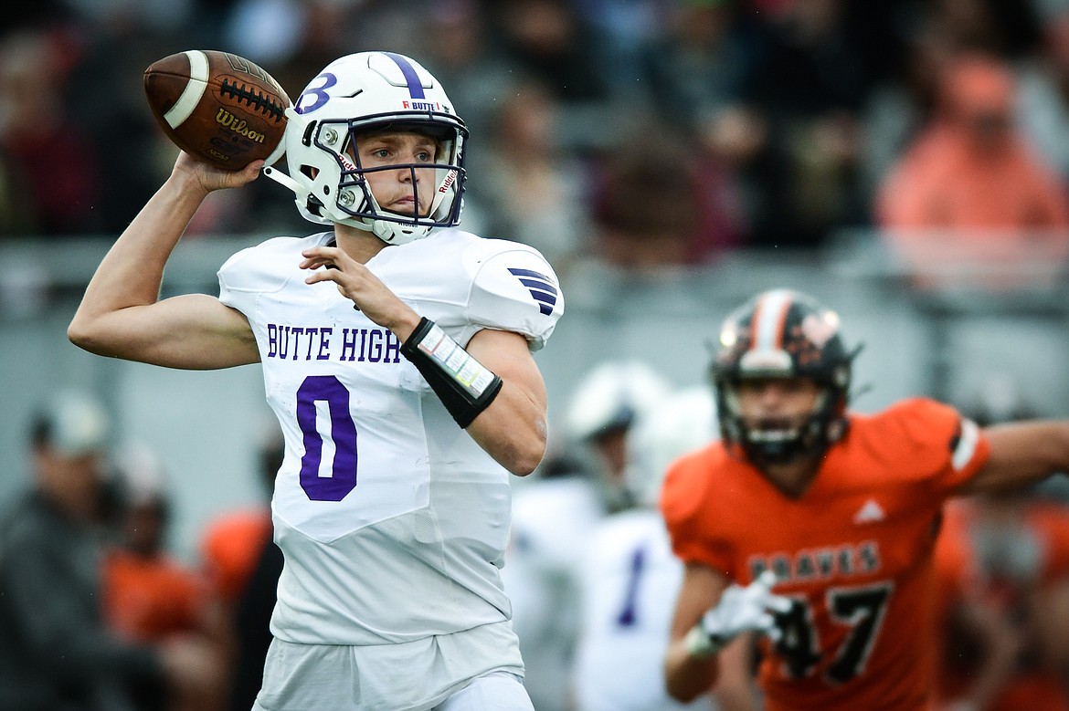 Butte quarterback Bo Demarais (0) throws in the first quarter against Flathead at Legends Stadium on Friday, Sept. 22. (Casey Kreider/Daily Inter Lake)