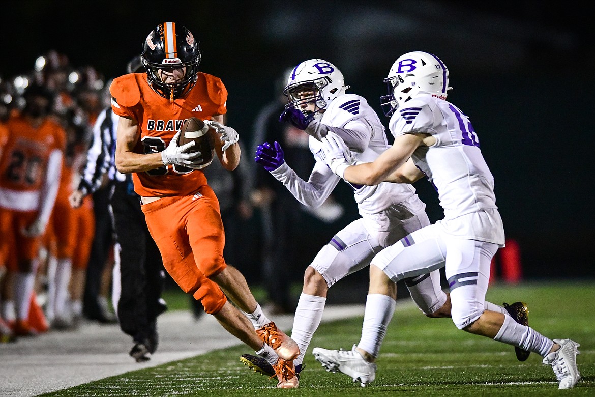 Flathead wide receiver Brody Thornsberry (88) pulls in a long reception along the sideline in the fourth quarter against Butte at Legends Stadium on Friday, Sept. 22. (Casey Kreider/Daily Inter Lake)