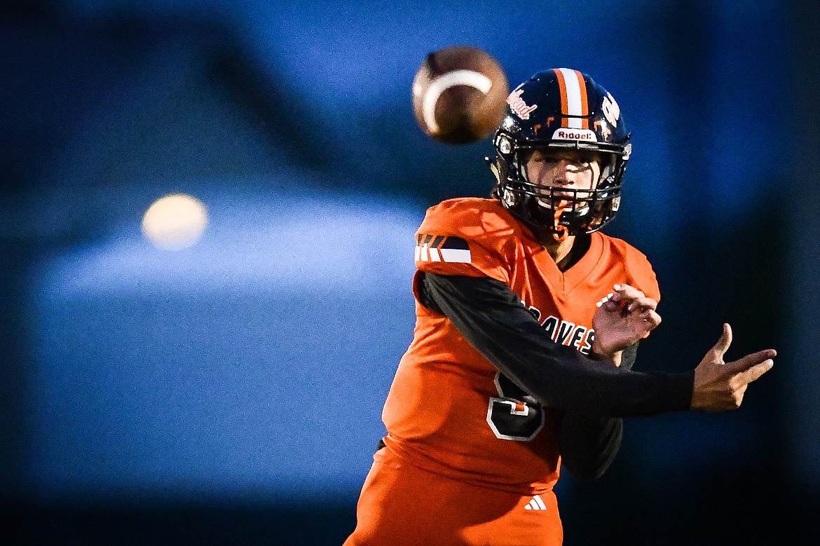 Flathead quarterback Kaleb Sims (5) drops back to pass in the third quarter against Butte at Legends Stadium on Friday, Sept. 22. (Casey Kreider/Daily Inter Lake)