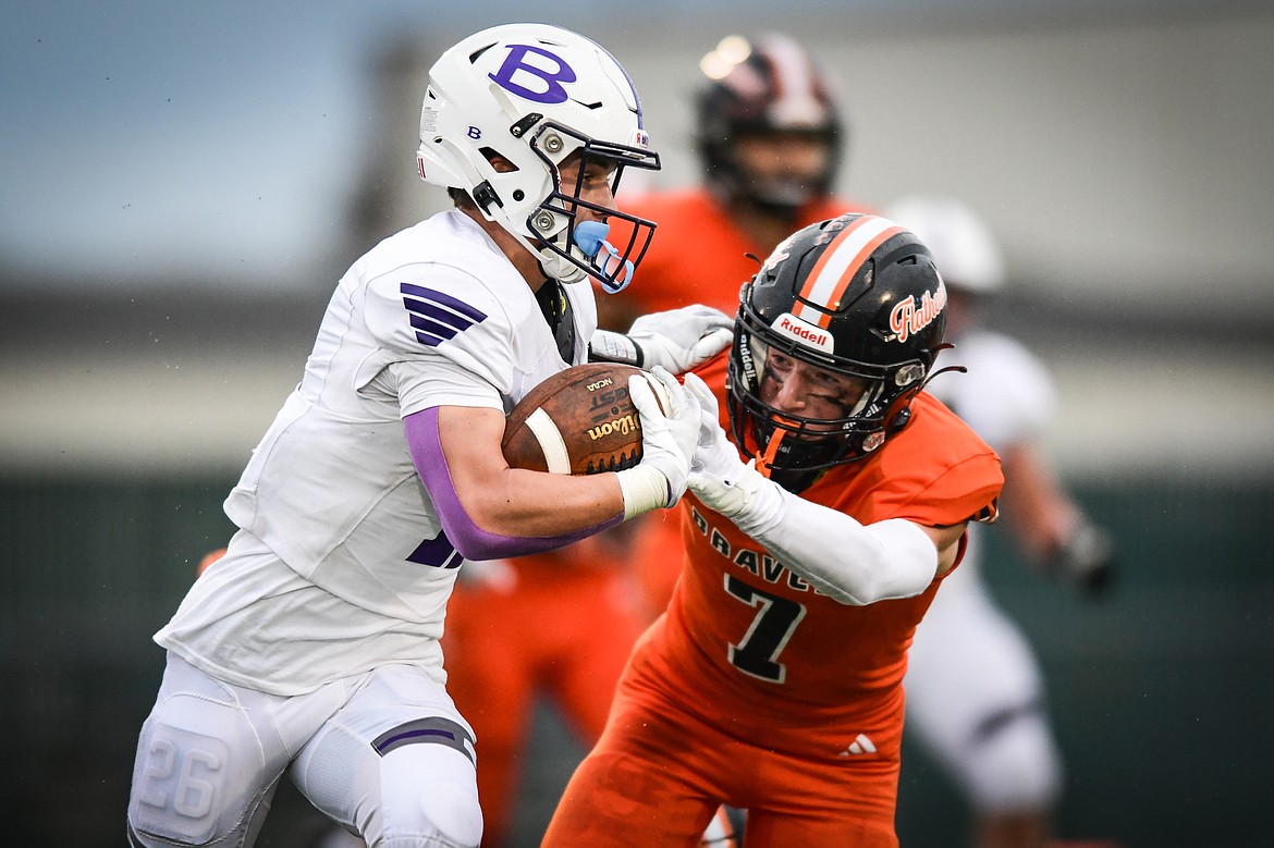 Flathead linebacker Stephen Riley (7) tackles Butte running back Karson Pumnea (11) in the second quarter at Legends Stadium on Friday, Sept. 22. (Casey Kreider/Daily Inter Lake)