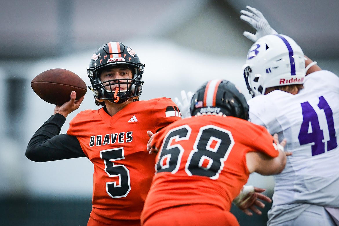 Flathead quarterback Kaleb Sims (5) throws in the second quarter against Butte at Legends Stadium on Friday, Sept. 22. (Casey Kreider/Daily Inter Lake)