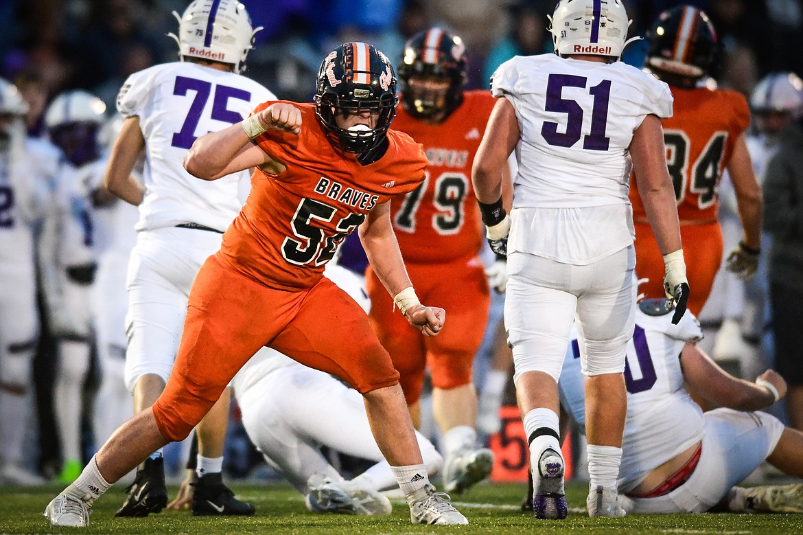 Flathead defensive lineman Austin Schabel (52) celebrates after a sack of Butte quarterback Bo Demarais in the third quarter at Legends Stadium on Friday, Sept. 22. (Casey Kreider/Daily Inter Lake)