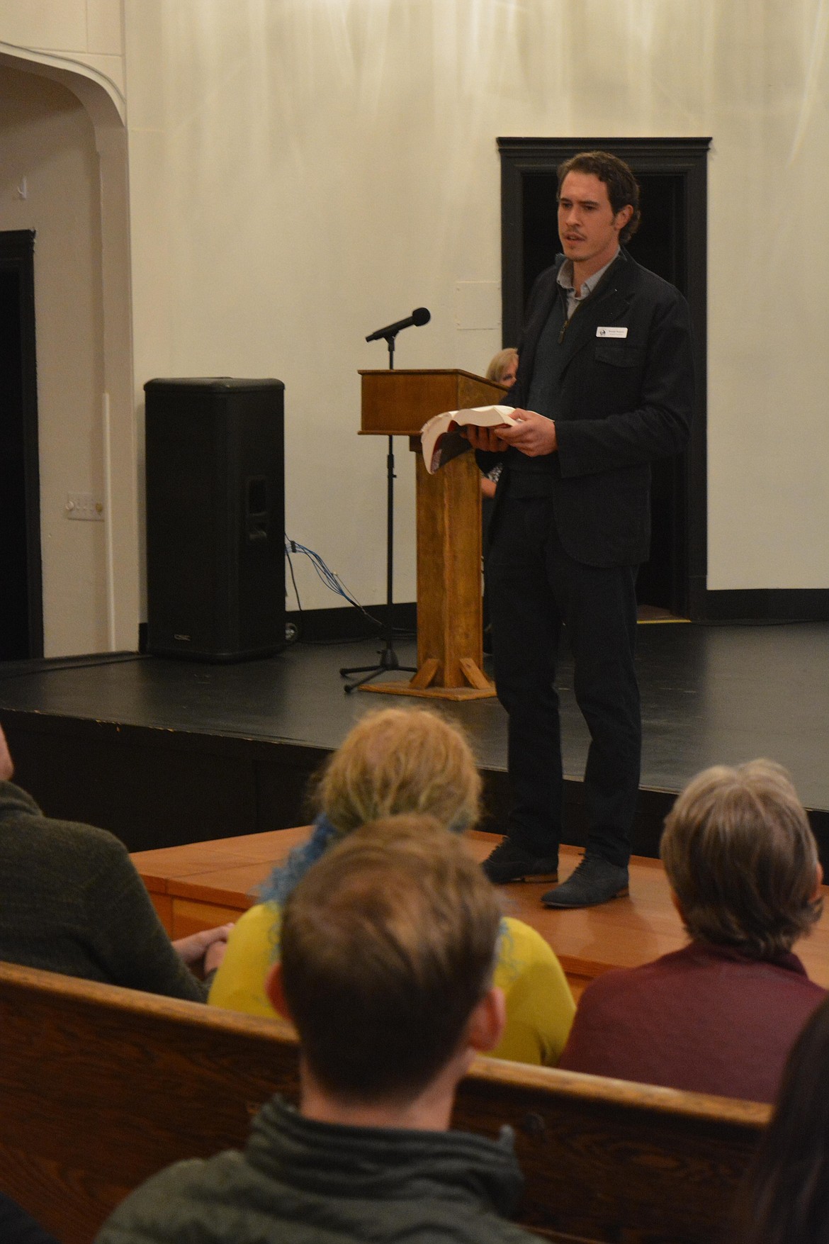 Actor Brando Boniver brings the Bard's words to life during a reading at the launch of Shakespeare Coeur d'Alene Thursday night at the Coeur du Christ Academy.