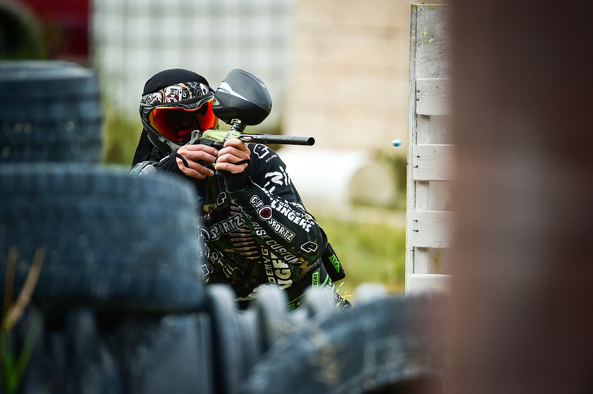 Players compete in a game of five-on-five on one of the courses at Montana Action Paintball near Kila on Saturday, Sept. 23. (Casey Kreider/Daily Inter Lake)