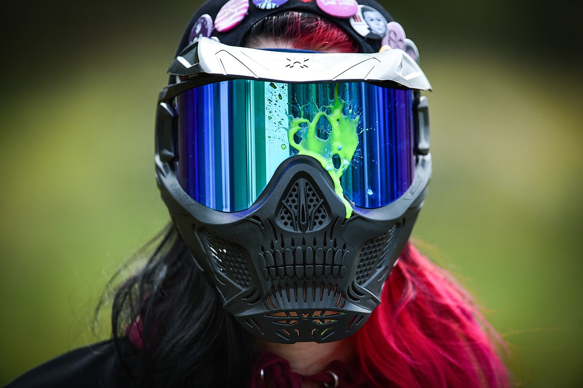 A player walks off the course after taking a paintball to the mask during a game of five-on-five at Montana Action Paintball near Kila on Saturday, Sept. 23. (Casey Kreider/Daily Inter Lake)