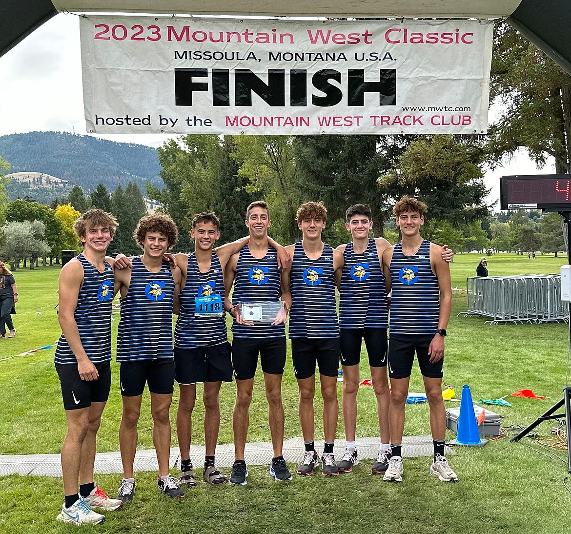 Courtesy photo
The Coeur d'Alene High boys cross country team won the team title at the 62-team Mountain West Classic at the University of Montana Golf Course on Saturday in Missoula. From left are Lachlan May, Kyle Rohlinger, Mitchell Rietze, Jacob King, Max Cervi-Skinner, Wyatt Carr and Zack Cervi-Skinner.