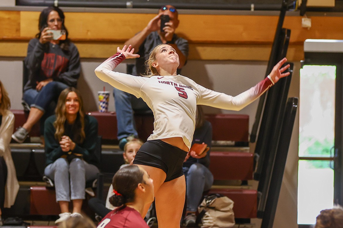 KYLE DISHAW/NIC Athletics
North Idaho College sophomore outside hitter Rachael Stacey goes up for a spike during a Northwest Athletic Conference match against Yakima Valley at Christianson Gym on Saturday.