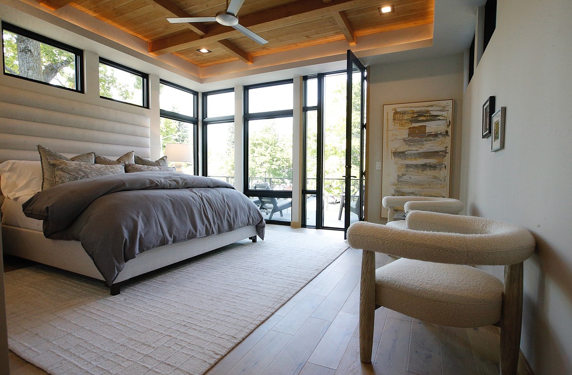 A bedroom at The Sparrow, with a view of downtown Coeur d'Alene.