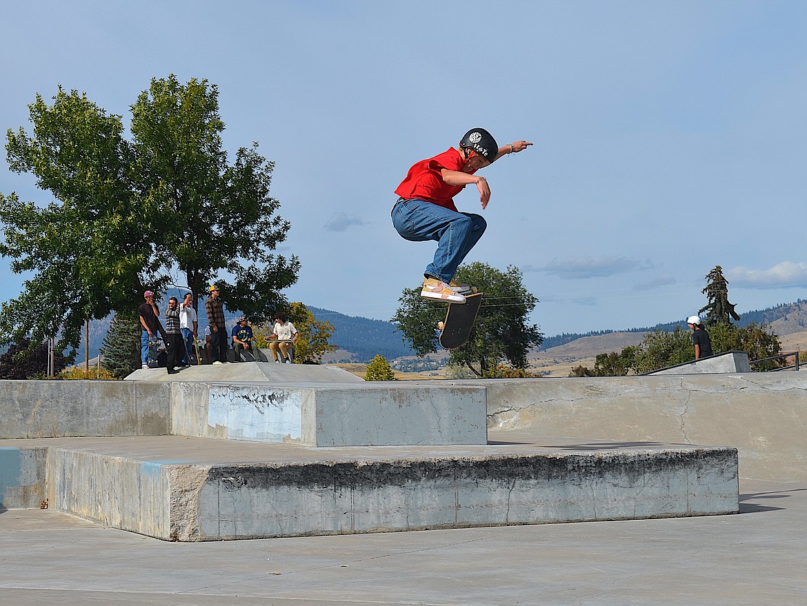 Thor Moses, who took first place in his age category, executes a jump during Saturday's Polson Skate Jam. (Kristi Niemeyer/Leader)