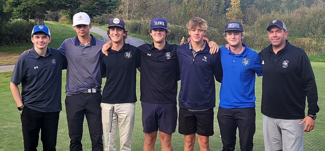 Courtesy photo
Coeur d'Alene won the boys team title at the Sandpoint Invitational on Monday at The Idaho Club. From left are Jake-Ryan Borowski, Landon Stringham, Jameson Dale, Grant Potter, Gavin Duvall, Trey Nipp and coach Chase Bennett.