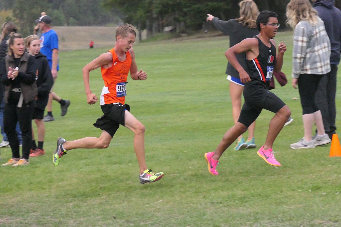 Plains Horseman eighth grader John Owen Jermyn heads toward the finish line where he placed 16th in the men's competition at last week's Thompson Falls Invitational cross country meet.  (Chuck Bandel/VP-MI)