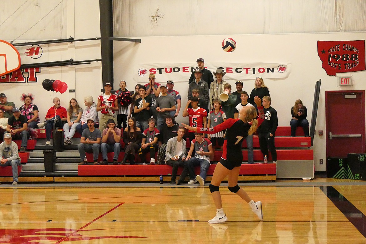 Lady Heat senior Lauryn Jackson serves the ball to Two Eagle River during their match in Hot Springs Saturday night. (Chuck Bandel/VP-MI)