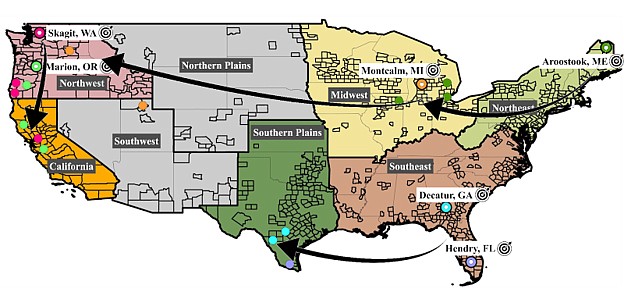 A map of the lower 48 U.S. states, showing eight USDA Climate Hub regions and potential cross-regional connections for climate change and specialty crops. The arrows show target-analog pairings between specialty crop-growing counties; from recent research by WSU scientists.