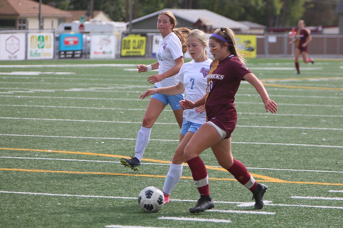 Moses Lake freshman Lindsey Davis (10) takes a shot in the 31st minute against the Rams on Saturday. Davis scored on the shot, giving Moses Lake a 1-0 lead.