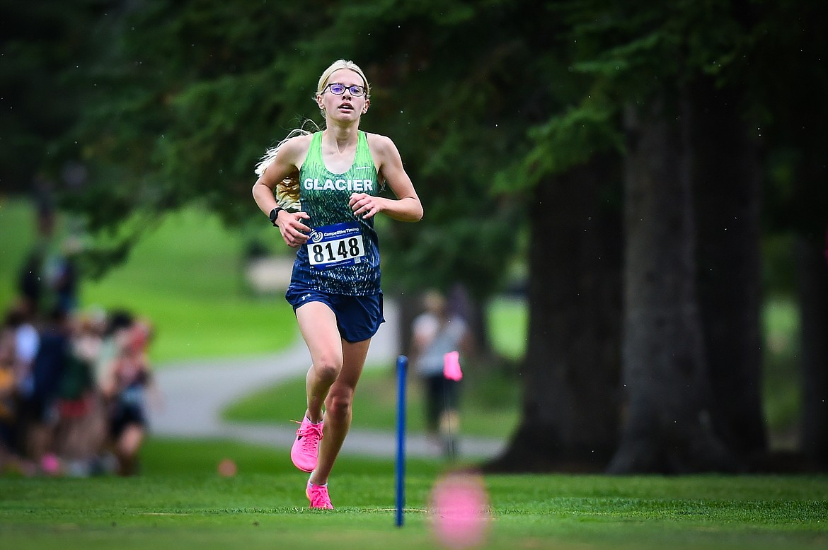 Glacier's Lauren Bissen nears the finish line in the girls race during the Whitefish Invite at Whitefish Lake Golf Club on Tuesday, Sept. 26. (Casey Kreider/Daily Inter Lake)