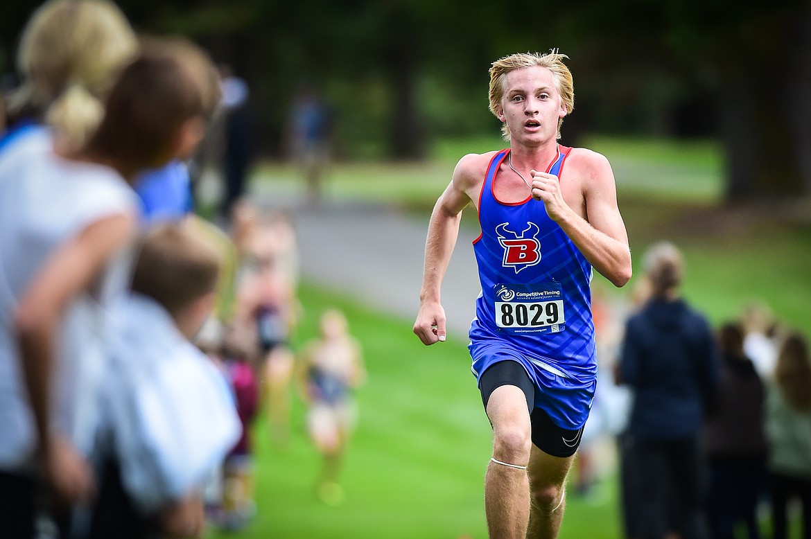 Bigfork's Jack Jensen nears the finish line in the boys race during the Whitefish Invite at Whitefish Lake Golf Club on Tuesday, Sept. 26. (Casey Kreider/Daily Inter Lake)