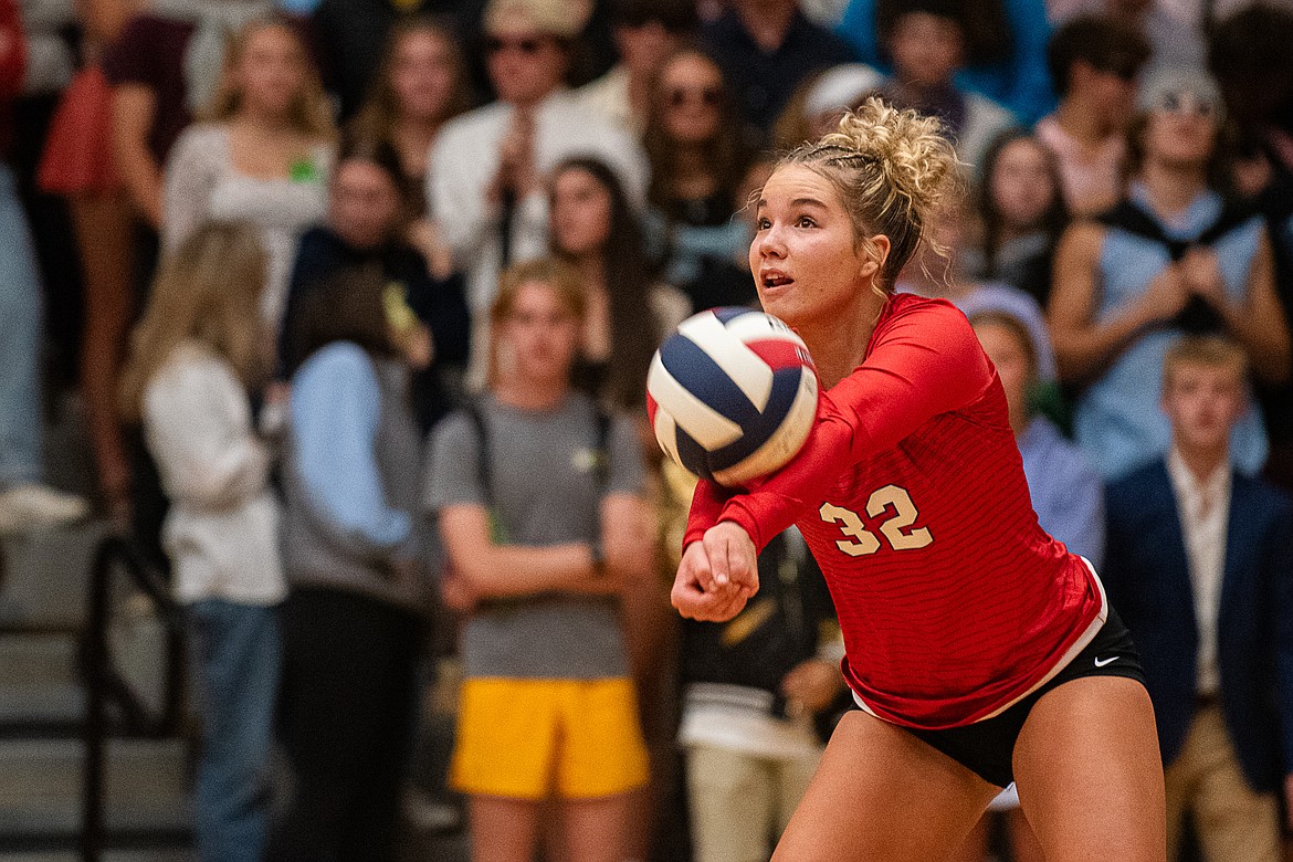 Libero Lucy Love takes a pass during the Wildkats Homecoming match against Whitefish on Thursday, Sept. 21. The Kats lost the match in four sets. (Avery Howe photo).