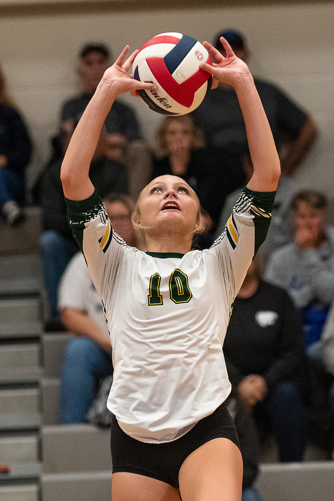 Bulldog Kaydence Blackwell sends up a set playing Columbia Falls on Thursday, Sept. 21. The Bulldogs won the match in four sets. (Avery Howe/Hungry Horse News)