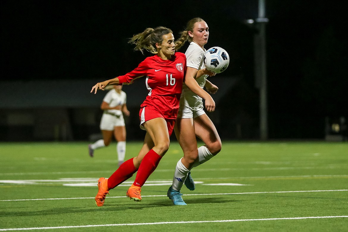 Sandpoint's Aliya Strock looks to control the ball as she fights off a Coeur d'Alene defender in Tuesday night's 0-0 tie at War Memorial Field.