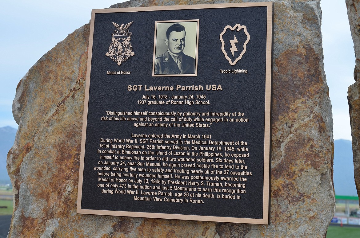 Bronze plaque at the Ronan football field commemorates Laverne Parrish, one of five Montanans who received Congressional Medals of Honor for their valor during World War II. (Kristi Niemeyer/Leader)