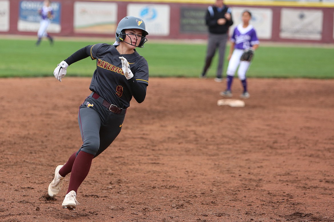 Moses Lake senior Mikayla Schwartz (9) runs to third base in the first game of Monday’s doubleheader against Wenatchee.