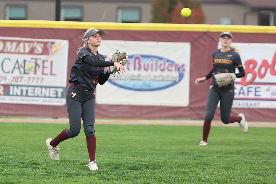 Moses Lake senior Kendall Reffett (24) throws a ball back toward the infield against Wenatchee on Monday.