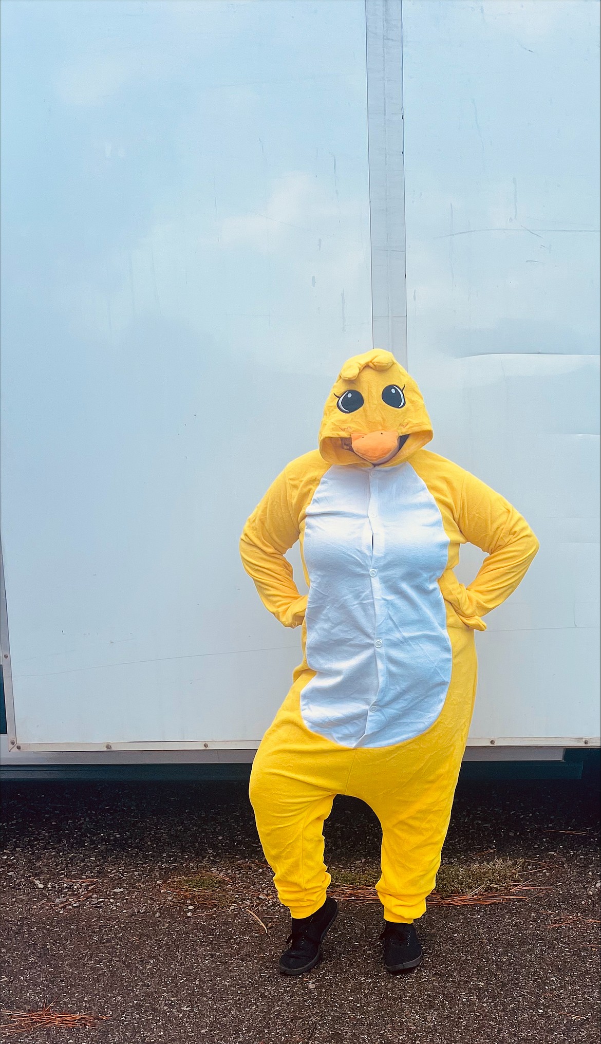 Rathdrum Chamber of Commerce administrative assistant Ariel Reed dresses as a duck to deliver duck-grams to local people and businesses for a Ducky Dash fundraiser through the chamber.