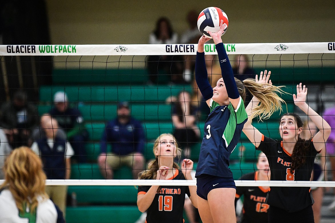 Glacier's Haven Speer (3) sets at the net against Flathead at Glacier High School on Thursday, Sept. 28. (Casey Kreider/Daily Inter Lake)