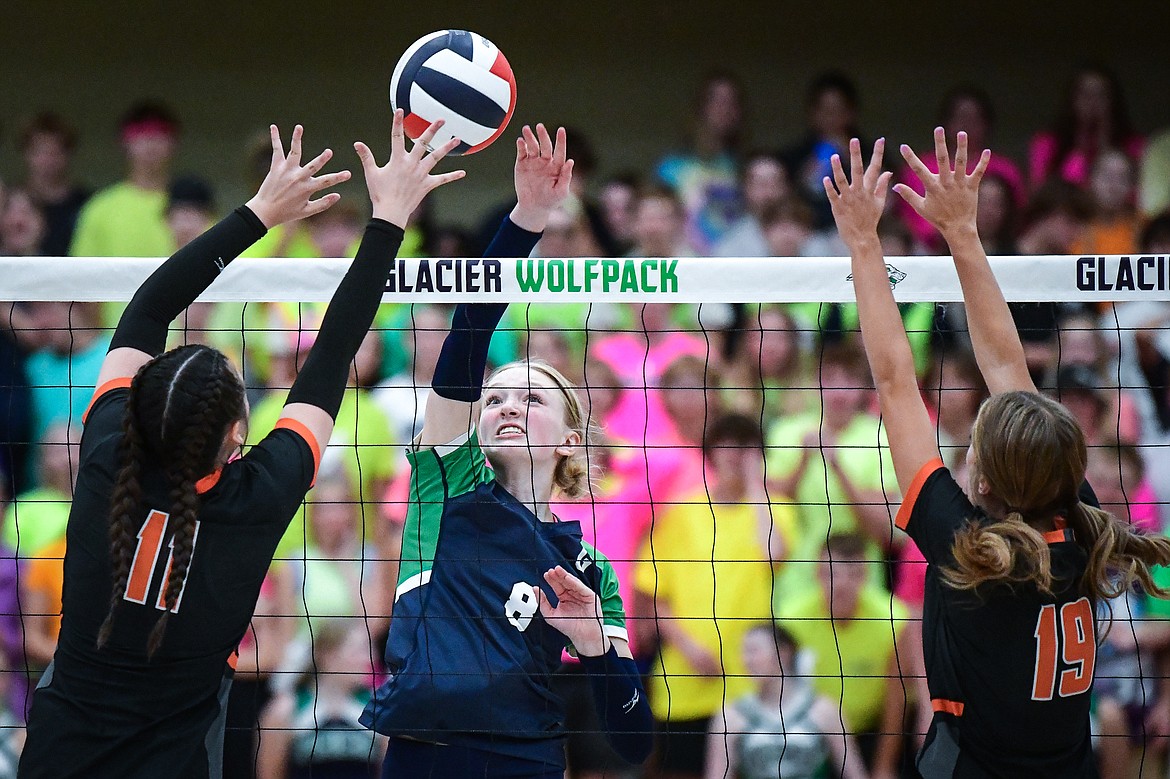 Glacier's Leila Major (8) goes to the net for a kill against Flathead at Glacier High School on Thursday, Sept. 28. (Casey Kreider/Daily Inter Lake)