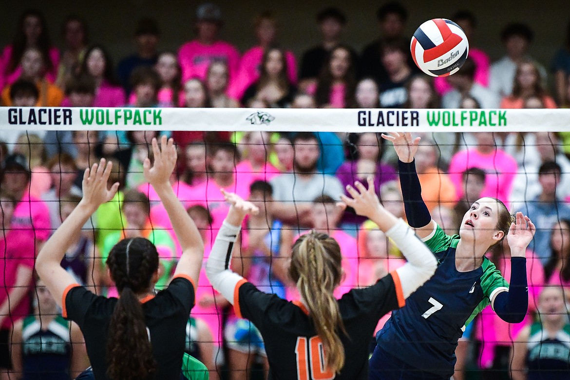 Glacier's Sarah Downs (7) goes up for a kill against Flathead at Glacier High School on Thursday, Sept. 28. (Casey Kreider/Daily Inter Lake)