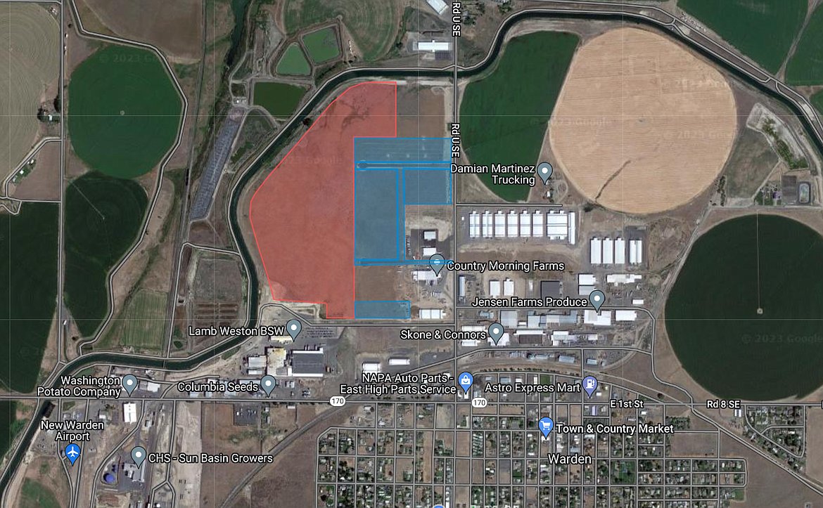 A diagram showing a parcel of land previously owned by the city of Warden, highlighted in red – the Port of Warden purchased 69 acres of the approximately 80 acres highlighted, according to Grant County records. The blue highlighted portions of the diagram indicate other nearby land owned by the port.