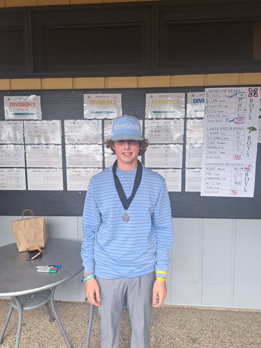 Sandpoint's Micah Young poses with his bronze medal from the 4A district championship held at the University of Idaho Golf Course on Thursday. Young shot an 85 to secure his spot at the 4A state championship next week.