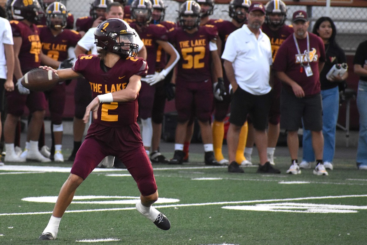 Moses Lake quarterback Brady Jay (2) drops back to pass against Ephrata on Sept. 1. Jay has thrown for 1,259 yards and 21 touchdowns through four games this season.