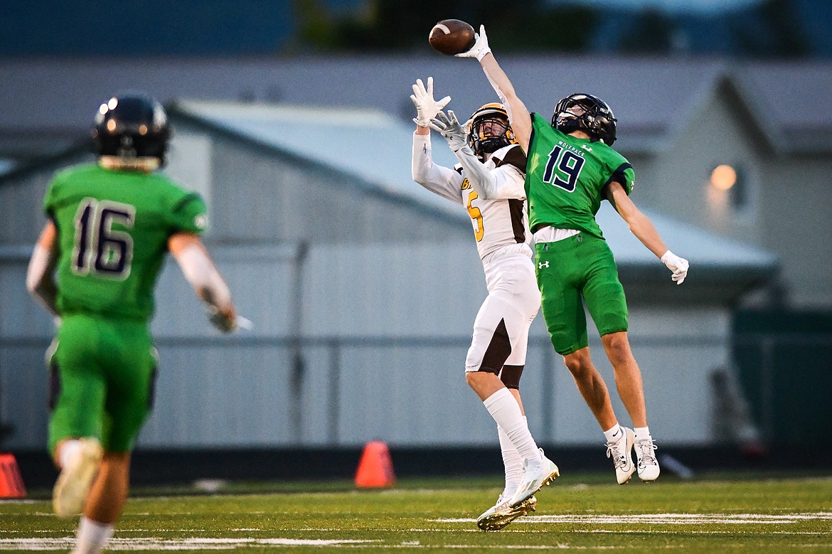 Glacier defensive back Easton Kauffman (19) knocks down a pass attempt by Helena Capital in the first quarter at Legends Stadium on Friday, Sept. 29. (Casey Kreider/Daily Inter Lake)