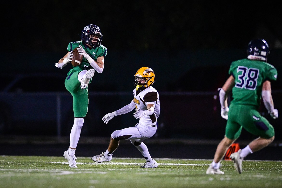 Glacier defensive back Alex Hausmann (3) intercepts a pass in the second quarter against Helena Capital at Legends Stadium on Friday, Sept. 29. (Casey Kreider/Daily Inter Lake)