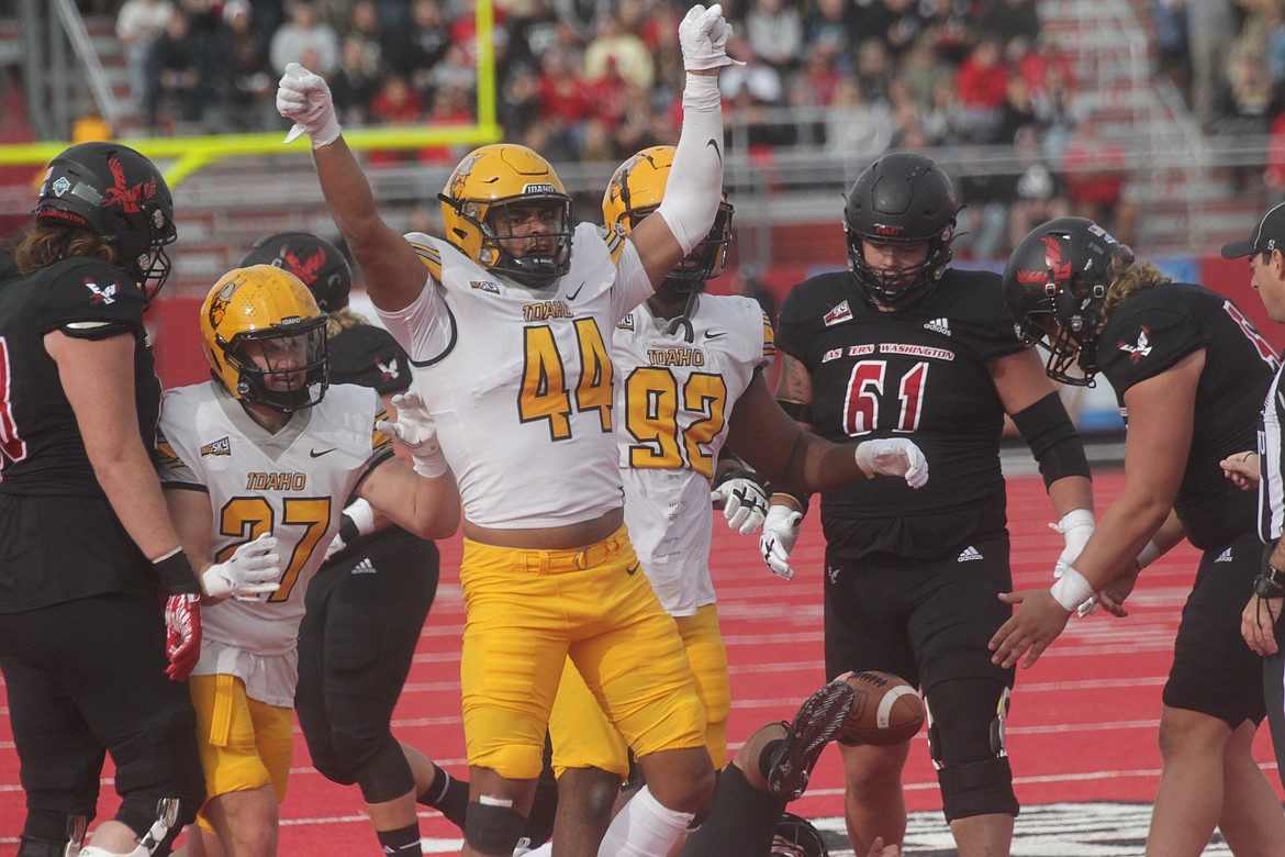 MARK NELKE/Press
Keyshawn James-Newby (44) of Idaho celebrates a third-quarter sack against Eastern Washington on Saturday in Cheney.