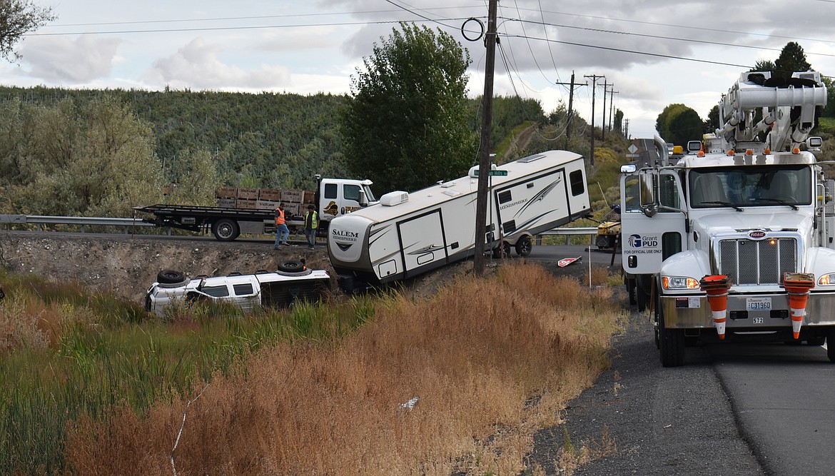 Nobody was hurt Wednesday afternoon when a pickup pulling a fifth-wheel trailer went off the road at Frenchman Hills and Dodson Road near Royal City, according to Grant County Sheriff’s Office spokesman Kyle Foreman. The driver, David Markham, 62, of Bend, Oregon, was cited for DUI and released.