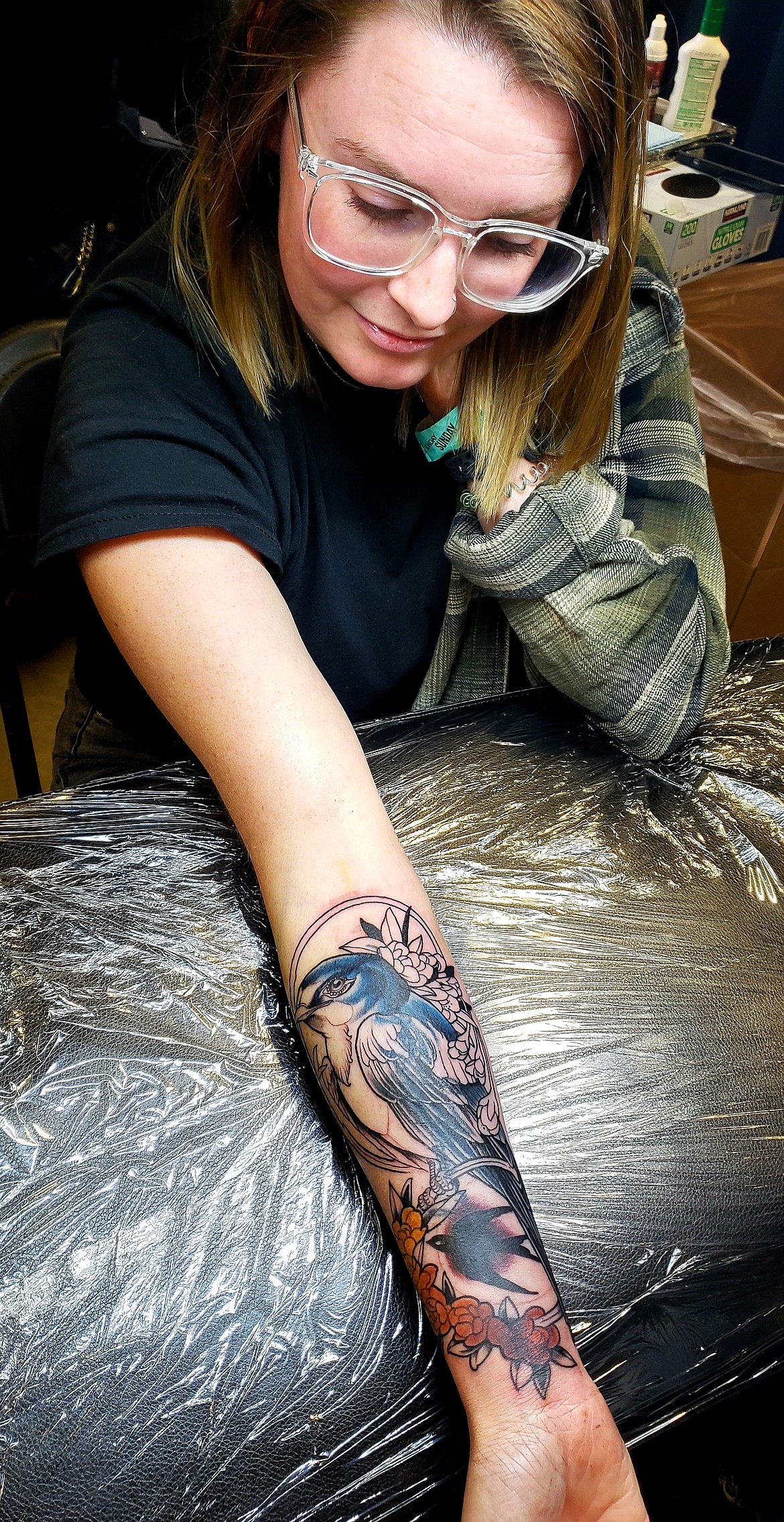 The progress on Katrina Brinsin's tattoo by Kyle Carpino, owner of Kyle Carpino Tattoos.