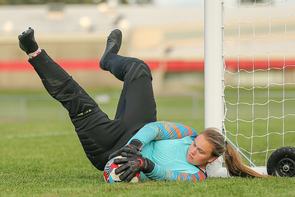 Priest River goalkeeper Brooklyn Best makes a save Monday against Newport. Best had 19 total saves on the day to help lift the Spartans to a 3-2 win.