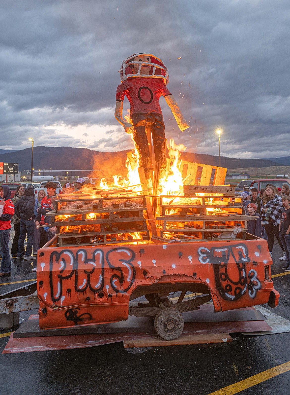 A bon fire is set at the Plains homecoming celebration. (Tracy Scott/Valley Press)