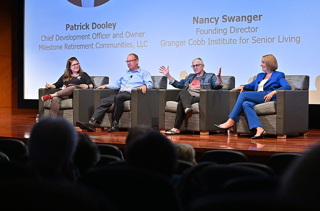 From left, moderator Kelly Brantner and panelists Patrick Dooley, Nancy Swanger and Tana Gall discuss job opportunities for people looking to make a career in the senior living industry.