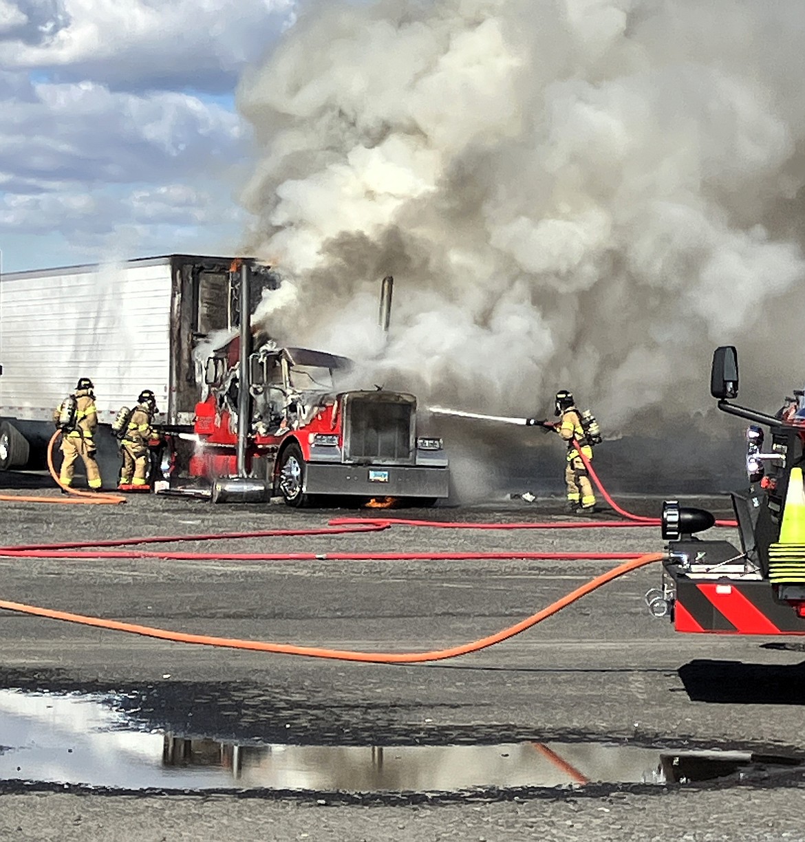 A truck hauling frozen french fries went up in flames at a truck stop in Moses Lake Tuesday afternoon.