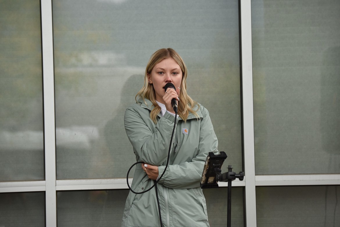 Libby's Keirsi Leigh sings the national anthem on Sept. 30 at the Memorial Center in Libby to help kick off the 2023 Northwest Montana Veterans Stand Down. (Scott Shindledecker/The Western News)