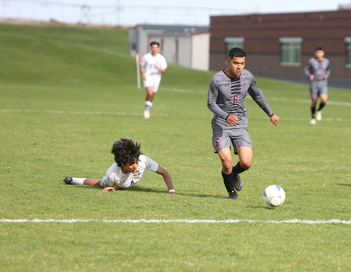 The Wahluke boys soccer team in a spring 2023 match. The soccer field would get lights as part of a capital levy request that will be on the ballot for Wahluke School District voters in November.